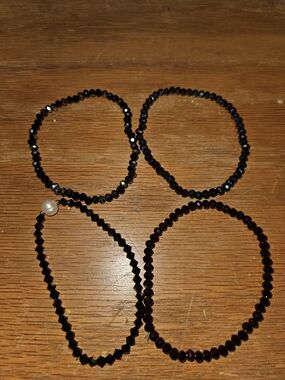 Black Beaded Stretch Bracelets - Set of 4